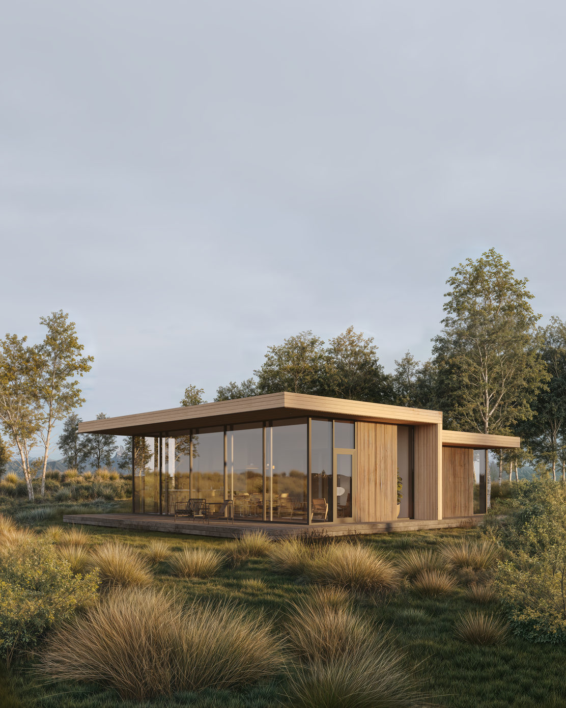 Rendering of the DEN Linear House with floor-to-ceiling glazing