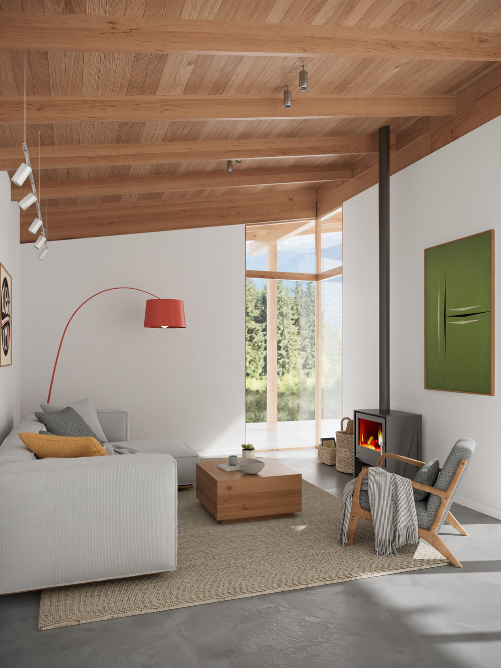 The Angle living room with wood stove